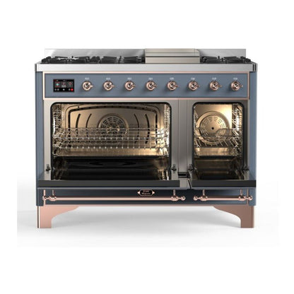 ILVE Majestic II 48 inch Solid Door Natural Gas Dual Fuel Range Copper Blue Grey