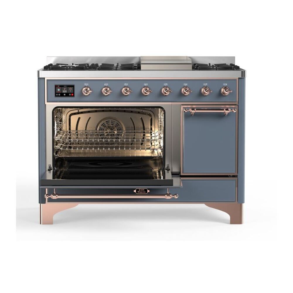 ILVE Majestic II 48 inch Solid Door Natural Gas Dual Fuel Range Copper Blue Grey