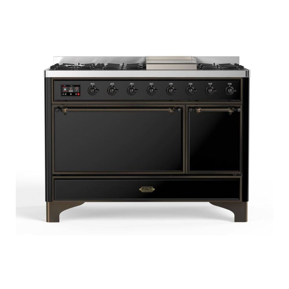ILVE Majestic II 48" Glossy Black Dual Fuel Range with 8 Burners and Griddle Solid Door Natural Gas