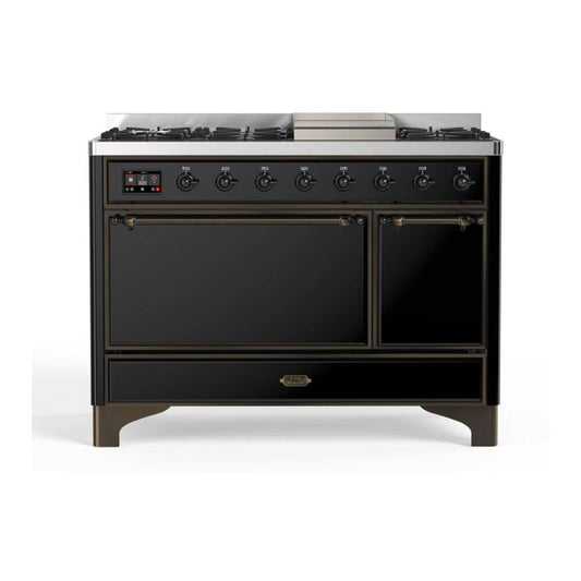 ILVE Majestic II 48" Glossy Black Dual Fuel Range with 8 Burners and Griddle Solid Door Natural Gas