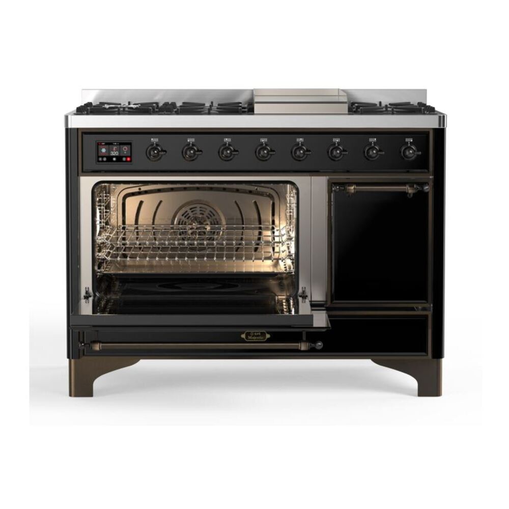 ILVE Majestic II 48 inch Solid Door Natural Gas Dual Fuel Range Burnished Glossy Black