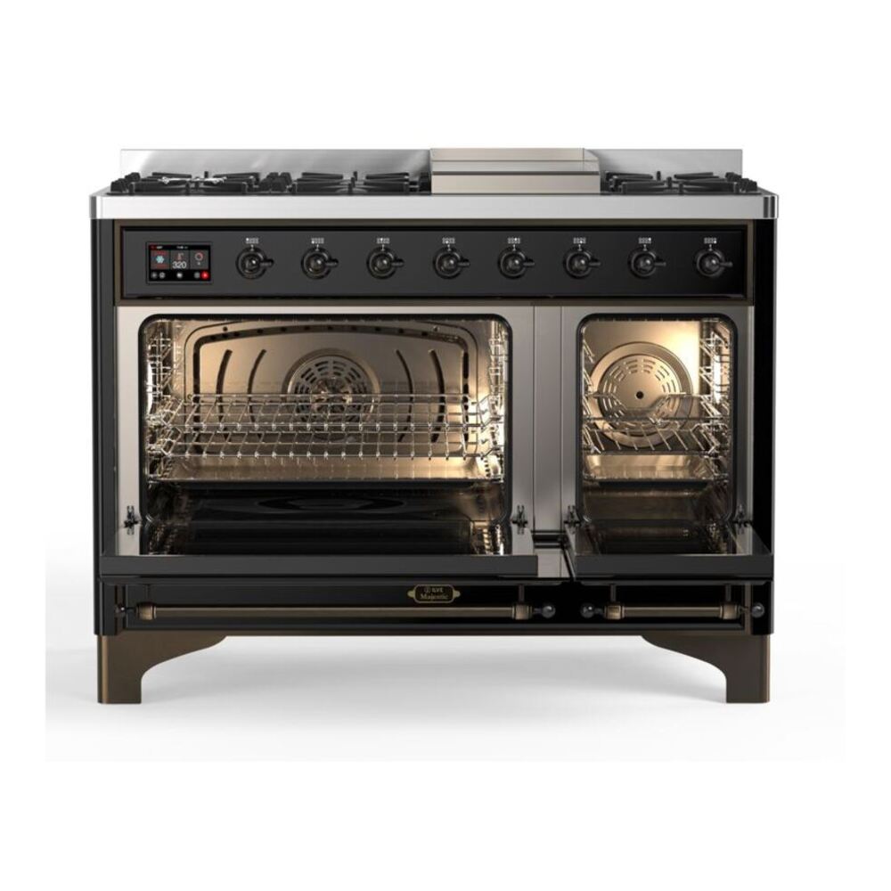 ILVE Majestic II 48 inch Solid Door Natural Gas Dual Fuel Range Burnished Glossy Black