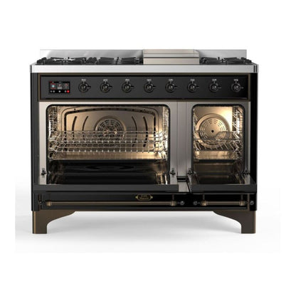 ILVE Majestic II 48 inch Solid Door Natural Gas Dual Fuel Range Burnished Glossy Black
