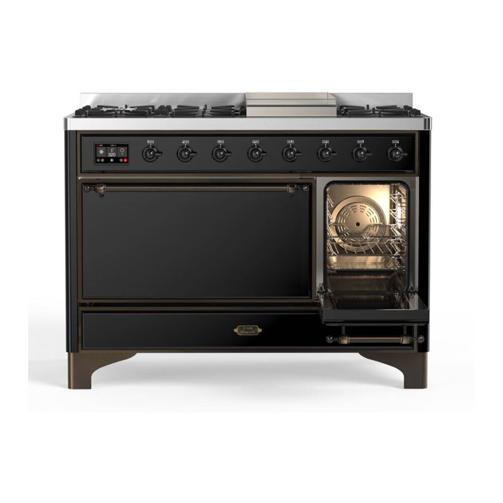 ILVE Majestic II 48 inch Solid Door Natural Gas Dual Fuel Range Burnished Glossy Black