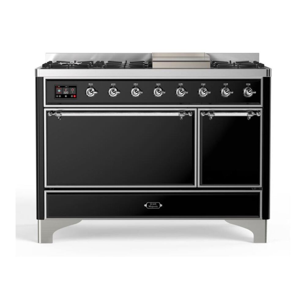 ILVE Majestic II 48" Glossy Black Dual Fuel Range with 8 Burners and Griddle Solid Door Natural Gas