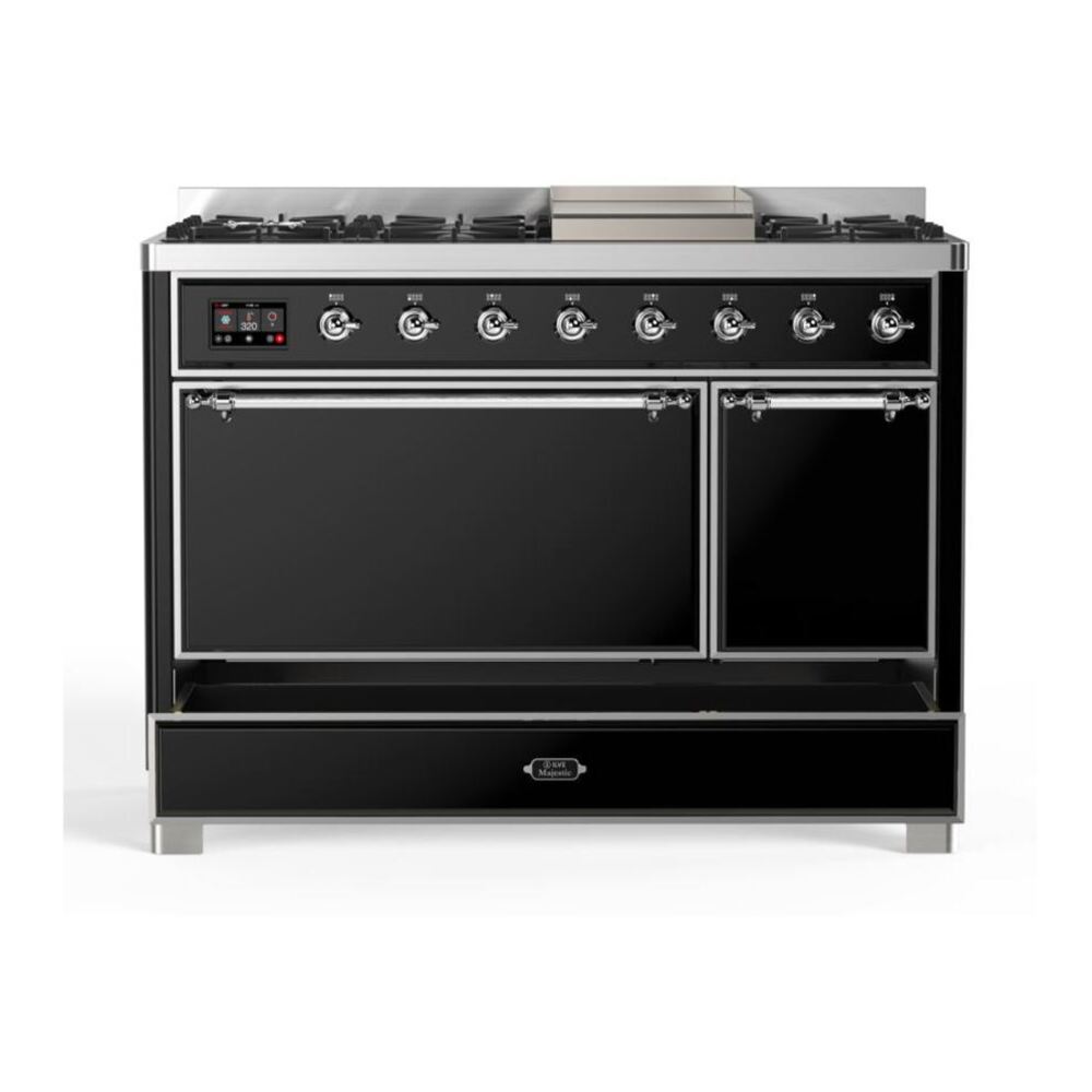 ILVE Majestic II 48 inch Solid Door Natural Gas Dual Fuel Range Chrome Glossy Black