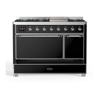 ILVE Majestic II 48 inch Solid Door Natural Gas Dual Fuel Range Chrome Glossy Black