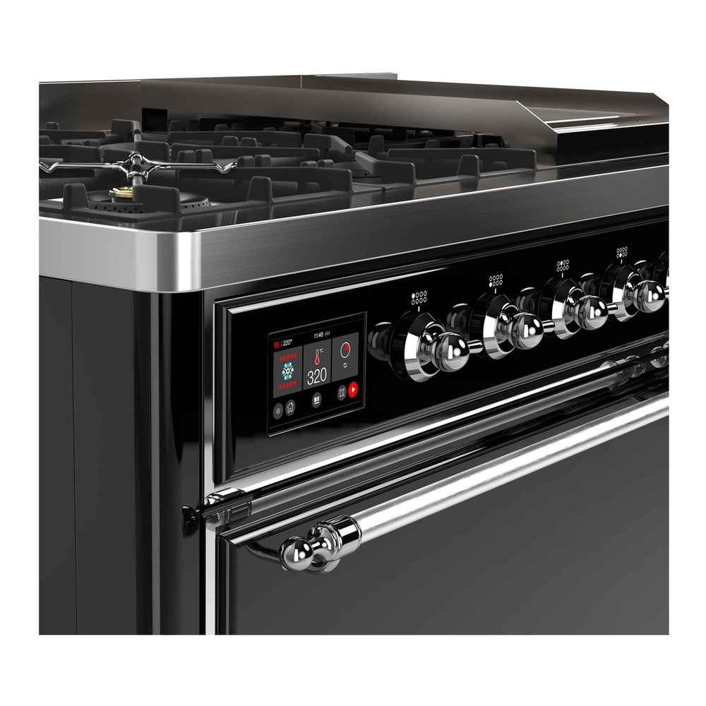 ILVE Majestic II 48 inch Solid Door Natural Gas Dual Fuel Range Chrome Glossy Black