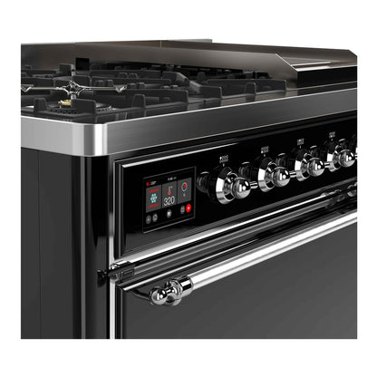 ILVE Majestic II 48 inch Solid Door Natural Gas Dual Fuel Range Chrome Glossy Black