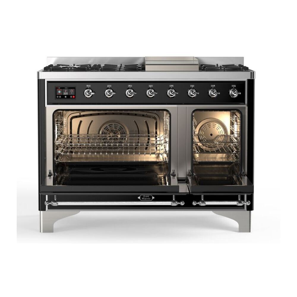 ILVE Majestic II 48 inch Solid Door Natural Gas Dual Fuel Range Chrome Glossy Black