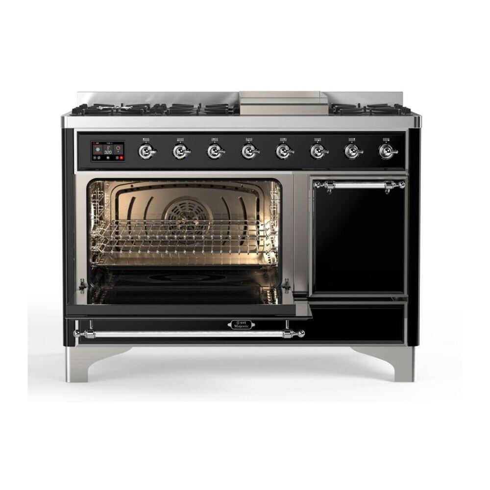 ILVE Majestic II 48 inch Solid Door Natural Gas Dual Fuel Range Chrome Glossy Black