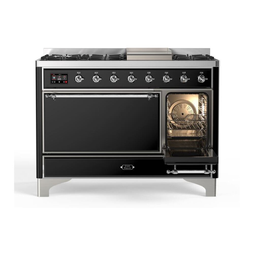 ILVE Majestic II 48 inch Solid Door Natural Gas Dual Fuel Range Chrome Glossy Black