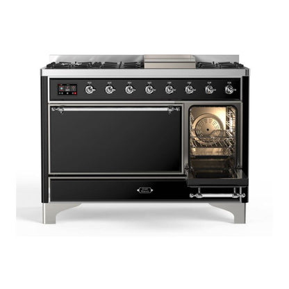 ILVE Majestic II 48 inch Solid Door Natural Gas Dual Fuel Range Chrome Glossy Black