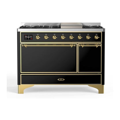 ILVE Majestic II 48 inch Solid Door Natural Gas Dual Fuel Range Brass Glossy Black