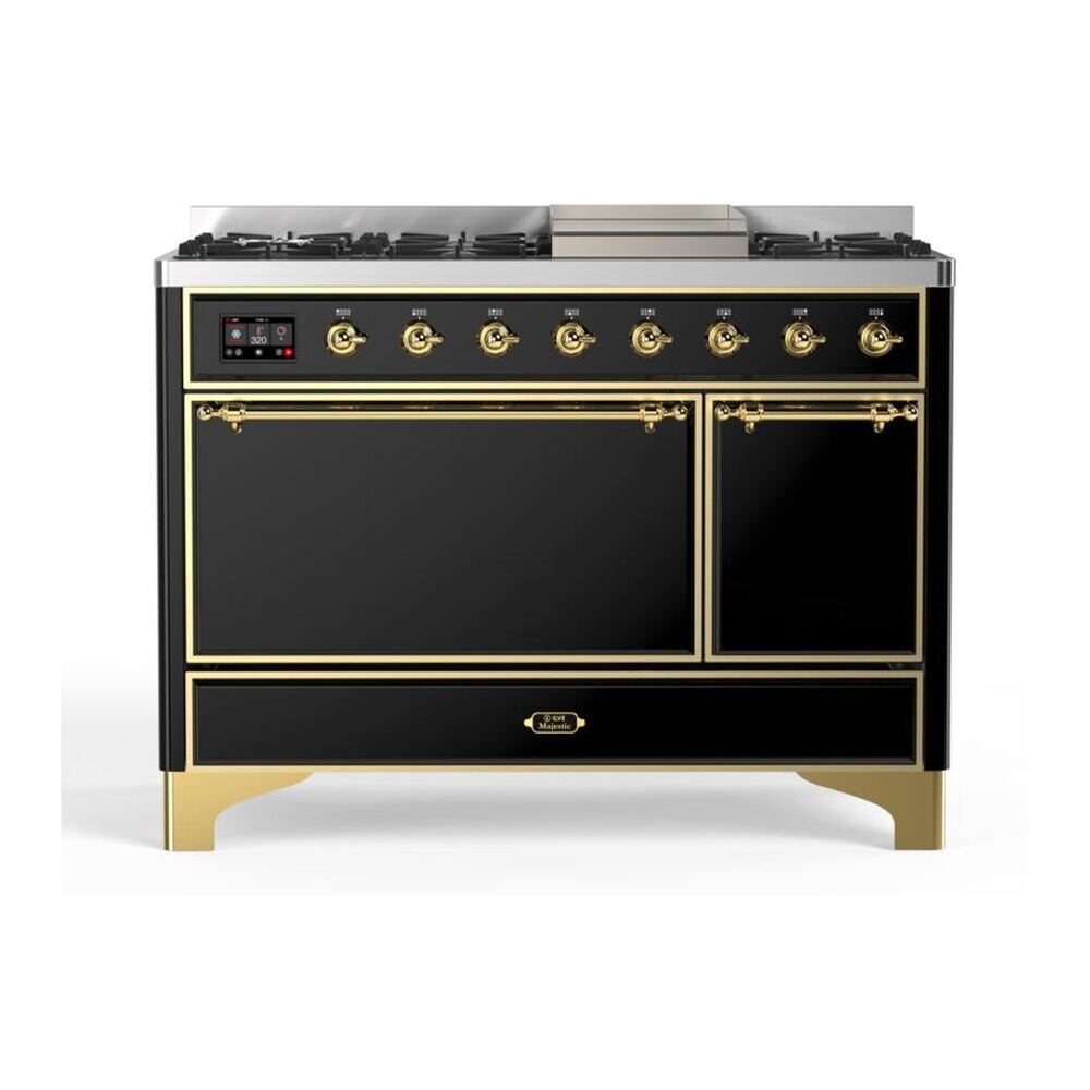 ILVE Majestic II 48" Glossy Black Dual Fuel Range with 8 Burners and Griddle Solid Door Natural Gas