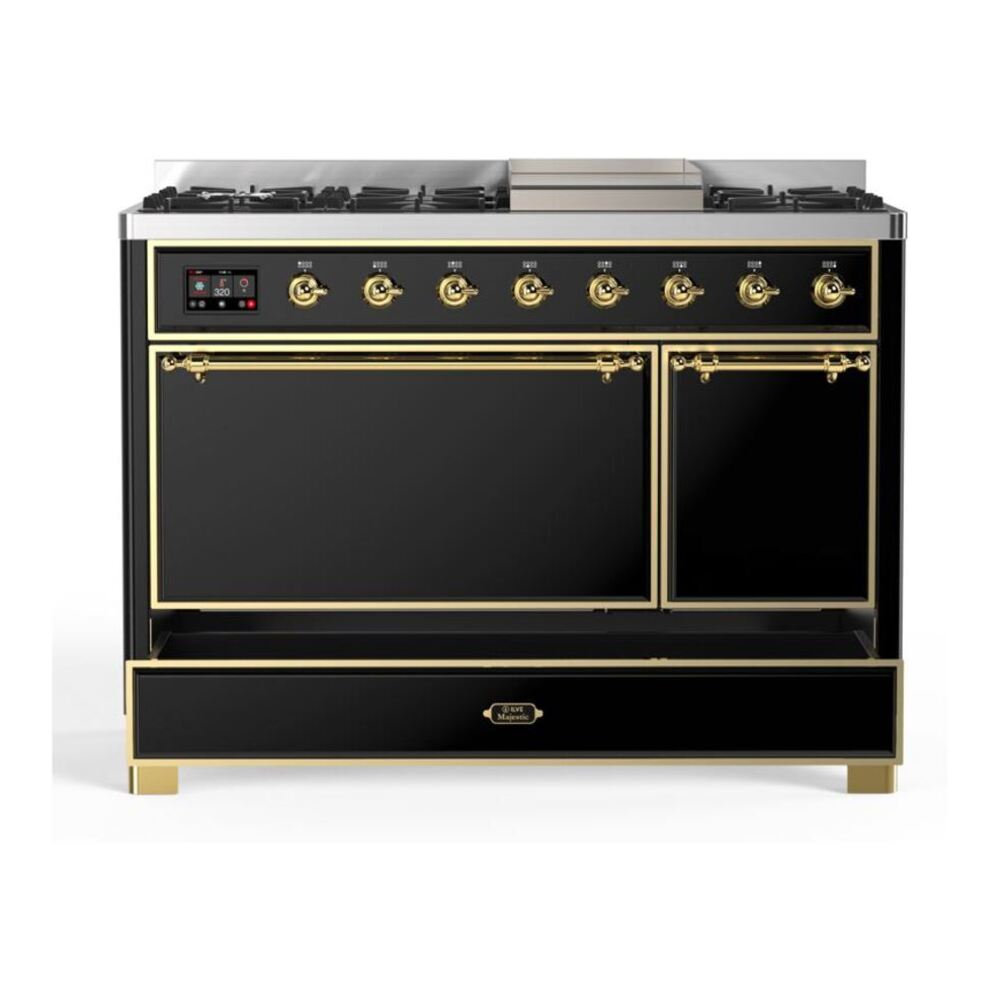 ILVE Majestic II 48 inch Solid Door Natural Gas Dual Fuel Range Brass Glossy Black