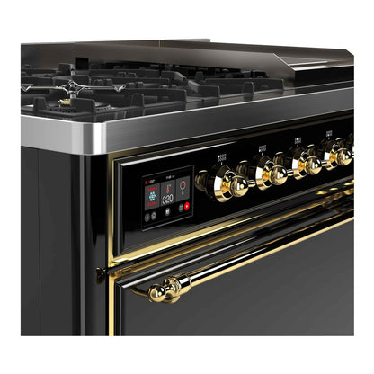ILVE Majestic II 48 inch Solid Door Natural Gas Dual Fuel Range Brass Glossy Black