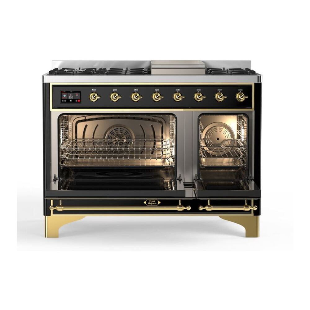 ILVE Majestic II 48 inch Solid Door Natural Gas Dual Fuel Range Brass Glossy Black