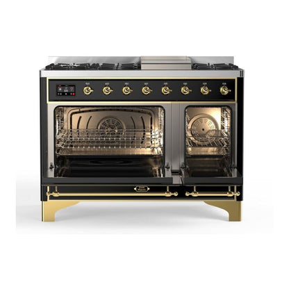 ILVE Majestic II 48 inch Solid Door Natural Gas Dual Fuel Range Brass Glossy Black