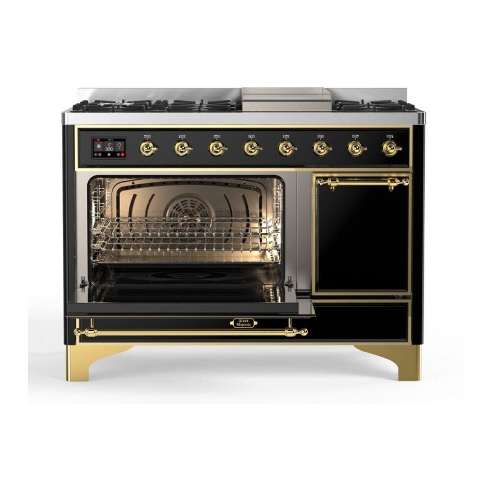 ILVE Majestic II 48 inch Solid Door Natural Gas Dual Fuel Range Brass Glossy Black
