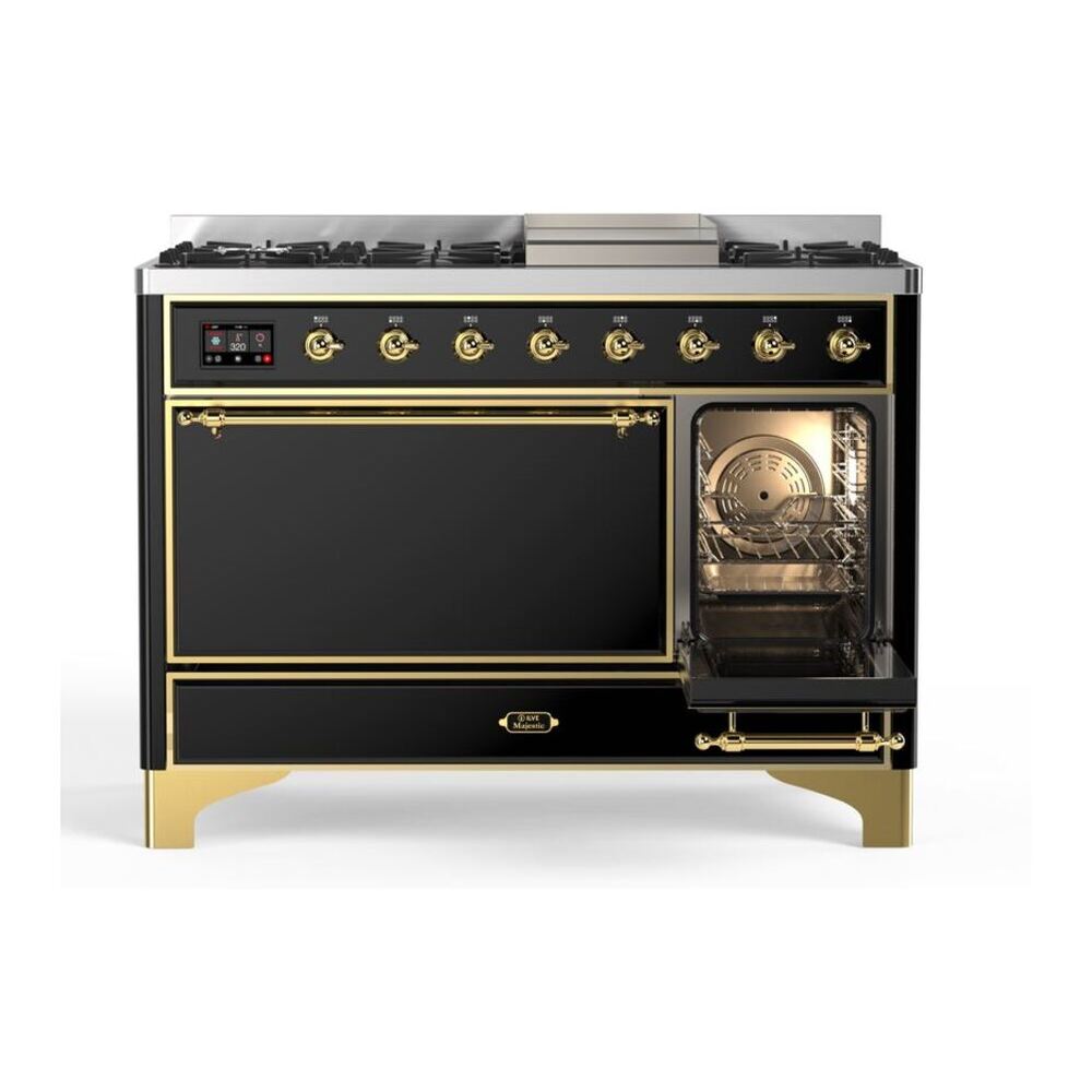 ILVE Majestic II 48 inch Solid Door Natural Gas Dual Fuel Range Brass Glossy Black