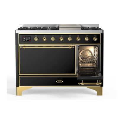 ILVE Majestic II 48 inch Solid Door Natural Gas Dual Fuel Range Brass Glossy Black