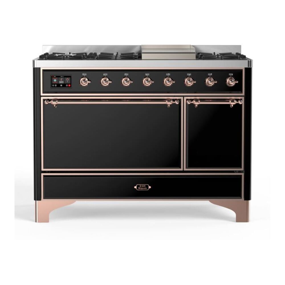 ILVE Majestic II 48" Glossy Black Dual Fuel Range with 8 Burners and Griddle Solid Door Natural Gas