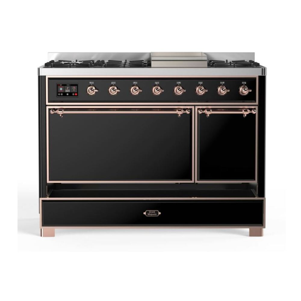 ILVE Majestic II 48 inch Solid Door Natural Gas Dual Fuel Range Copper Glossy Black