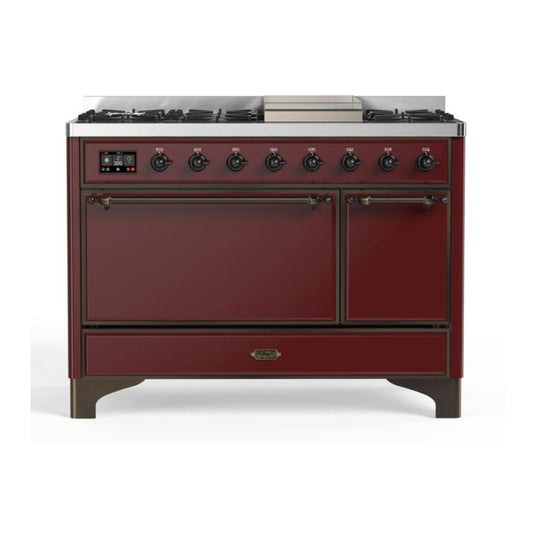 ILVE Majestic II 48" Burgundy Dual Fuel Range with 8 Burners and Griddle Solid Door Natural Gas