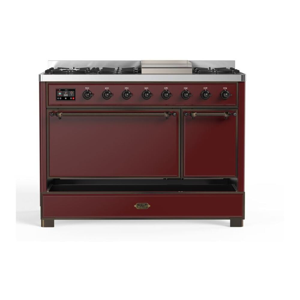 ILVE Majestic II 48 inch Solid Door Natural Gas Dual Fuel Range Burnished Burgundy