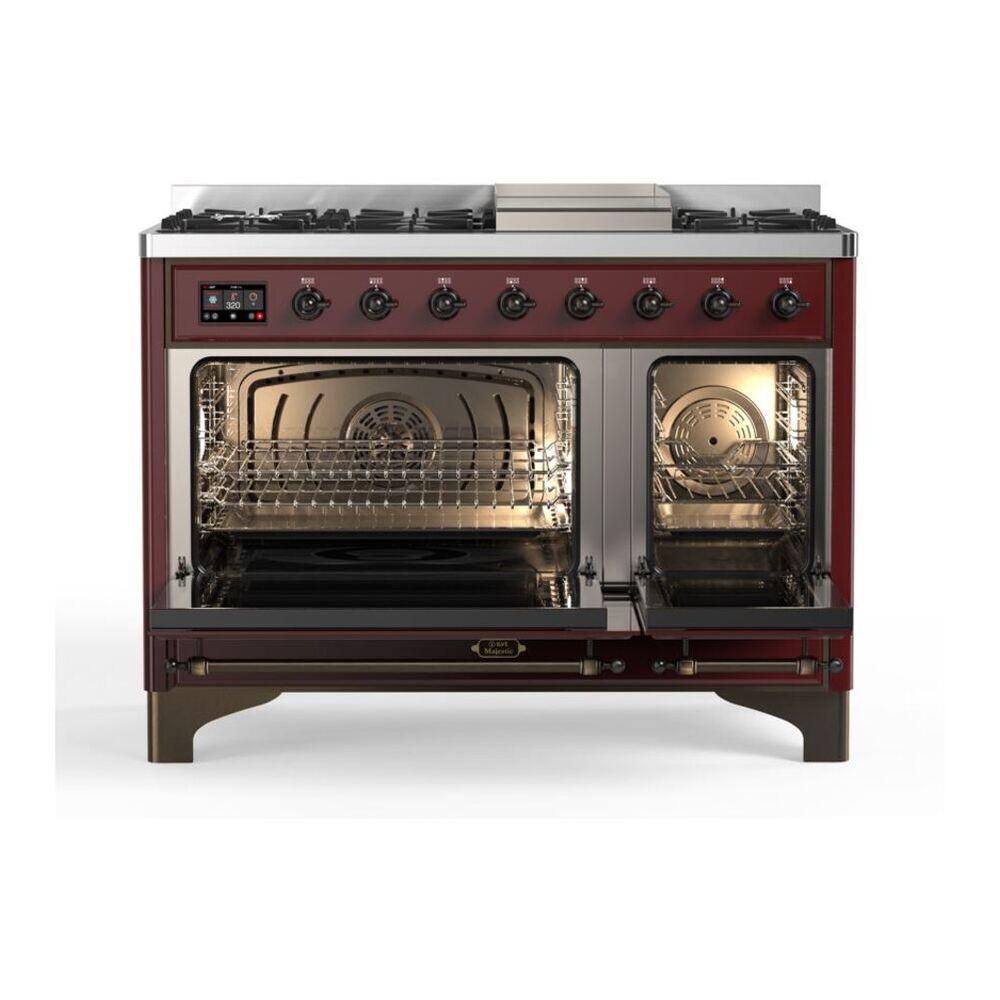 ILVE Majestic II 48 inch Solid Door Natural Gas Dual Fuel Range Burnished Burgundy