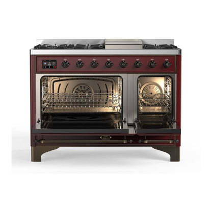 ILVE Majestic II 48 inch Solid Door Natural Gas Dual Fuel Range Burnished Burgundy
