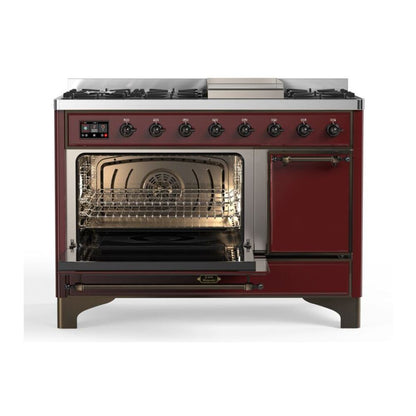ILVE Majestic II 48 inch Solid Door Natural Gas Dual Fuel Range Burnished Burgundy