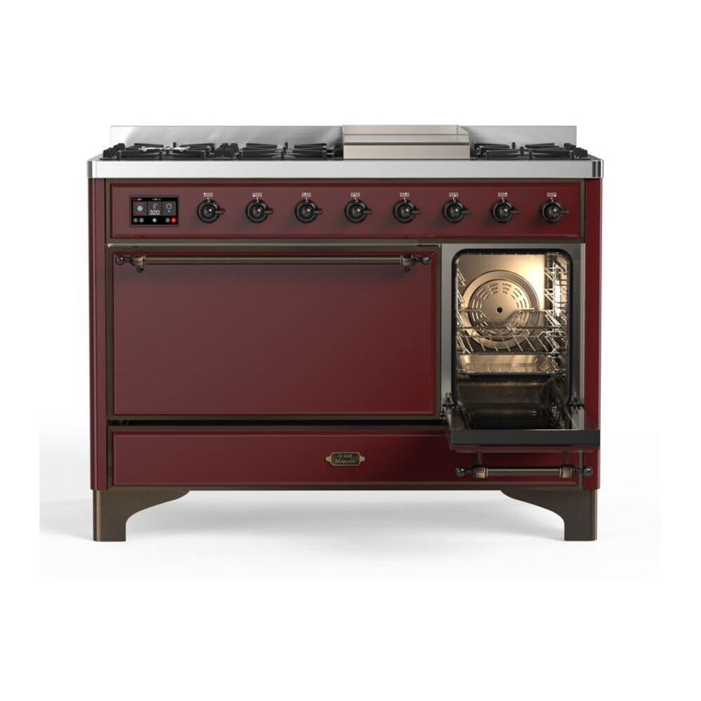 ILVE Majestic II 48 inch Solid Door Natural Gas Dual Fuel Range Burnished Burgundy