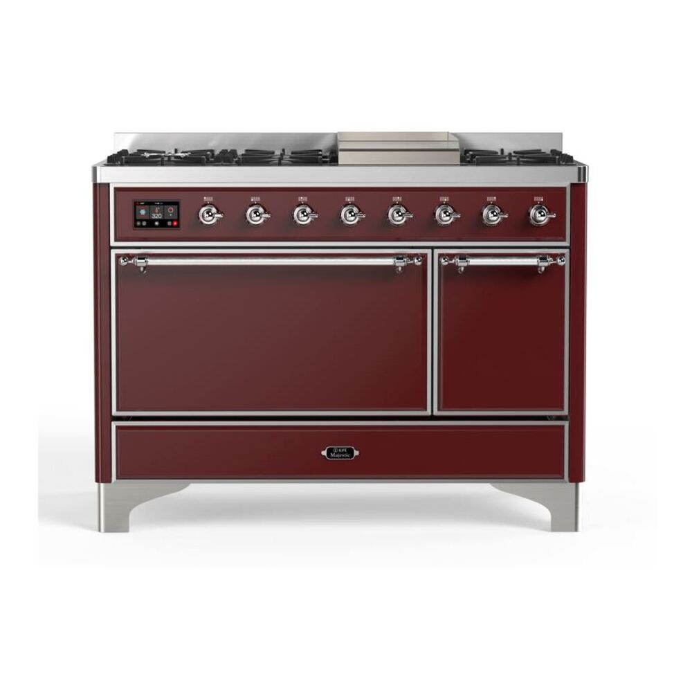 ILVE Majestic II 48 inch Solid Door Natural Gas Dual Fuel Range Chrome Burgundy
