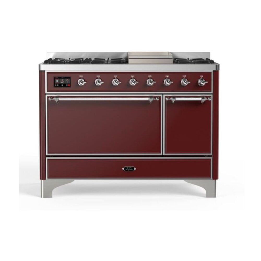 ILVE Majestic II 48" Burgundy Dual Fuel Range with 8 Burners and Griddle Solid Door Natural Gas