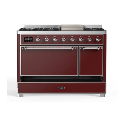 ILVE Majestic II 48 inch Solid Door Natural Gas Dual Fuel Range Chrome Burgundy