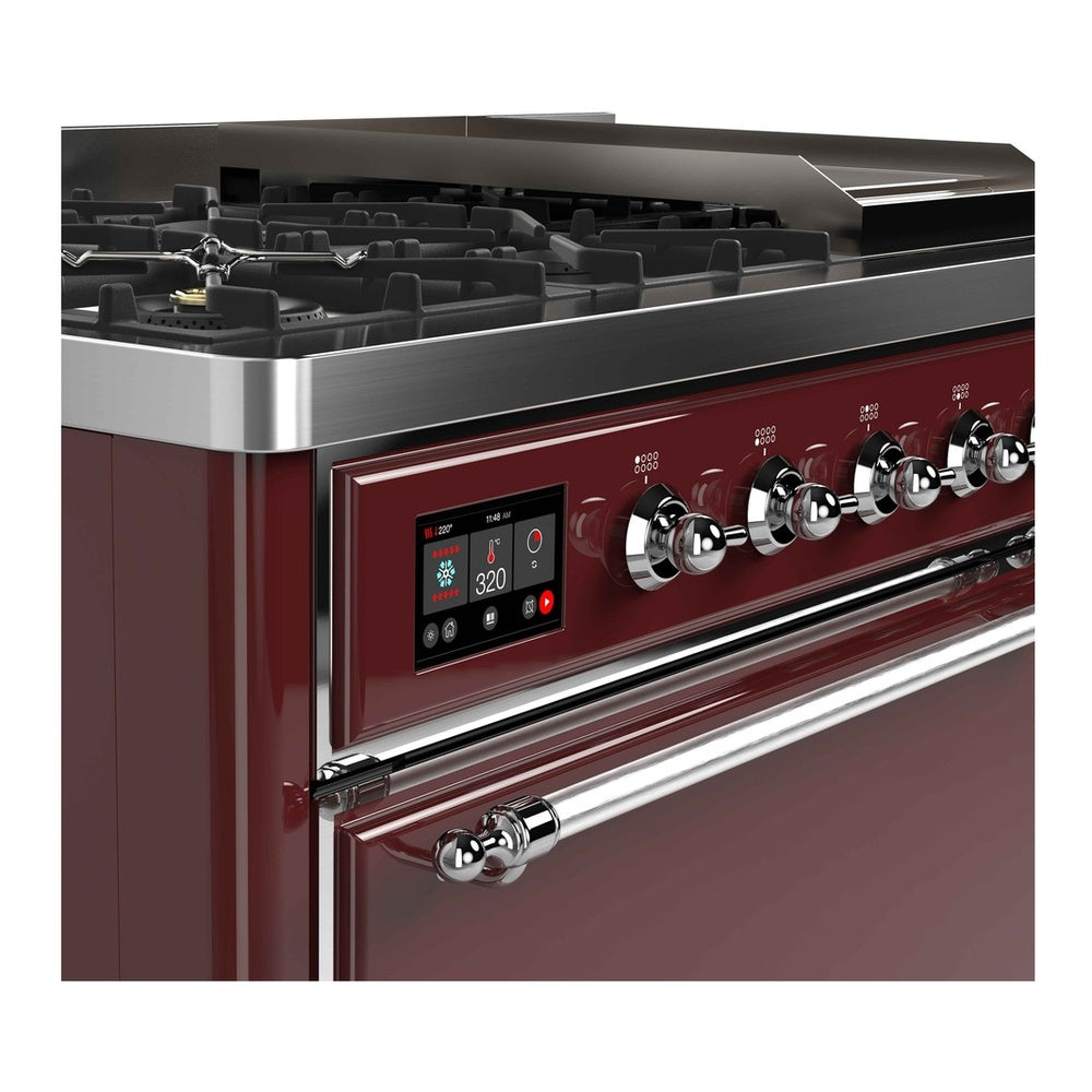 ILVE Majestic II 48 inch Solid Door Natural Gas Dual Fuel Range Chrome Burgundy