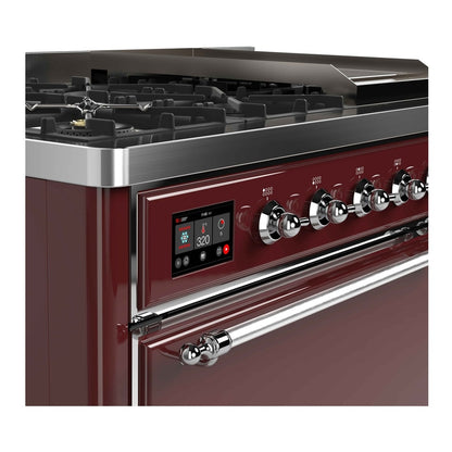 ILVE Majestic II 48 inch Solid Door Natural Gas Dual Fuel Range Chrome Burgundy