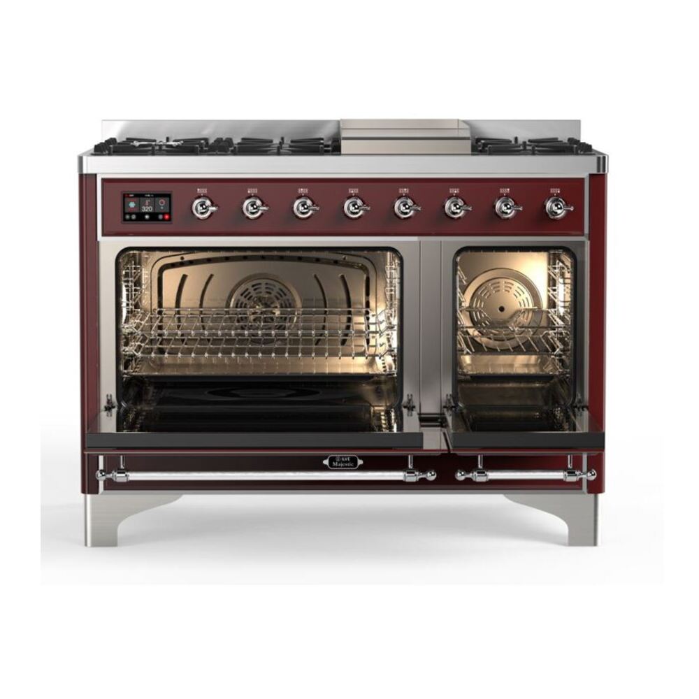 ILVE Majestic II 48 inch Solid Door Natural Gas Dual Fuel Range Chrome Burgundy