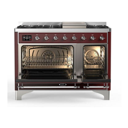 ILVE Majestic II 48 inch Solid Door Natural Gas Dual Fuel Range Chrome Burgundy