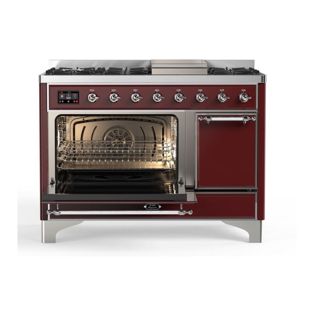 ILVE Majestic II 48 inch Solid Door Natural Gas Dual Fuel Range Chrome Burgundy