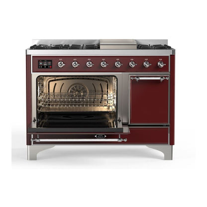 ILVE Majestic II 48 inch Solid Door Natural Gas Dual Fuel Range Chrome Burgundy