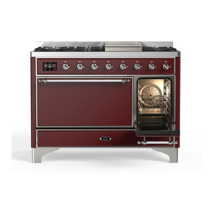 ILVE Majestic II 48 inch Solid Door Natural Gas Dual Fuel Range Chrome Burgundy
