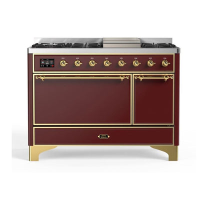 ILVE Majestic II 48 inch Solid Door Natural Gas Dual Fuel Range Brass Burgundy