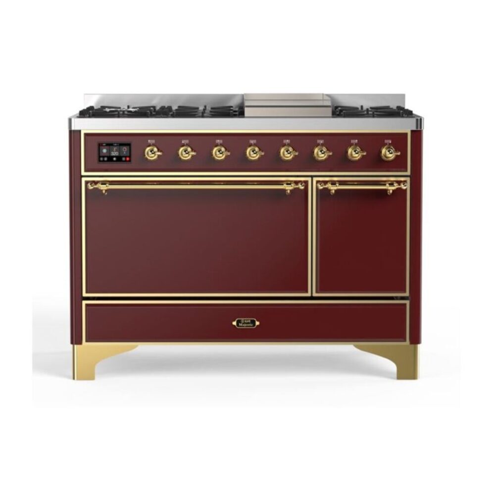 ILVE Majestic II 48" Burgundy Dual Fuel Range with 8 Burners and Griddle Solid Door Natural Gas