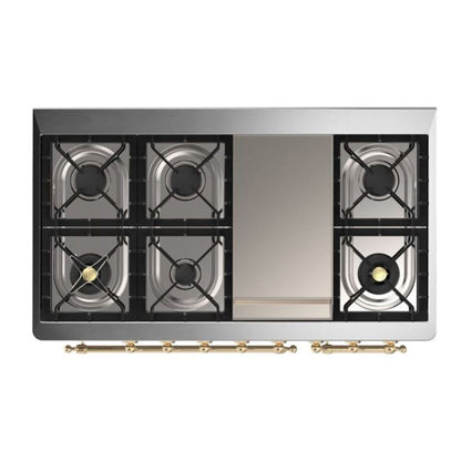 ILVE Majestic II 48 inch Solid Door Natural Gas Dual Fuel Range Brass Burgundy