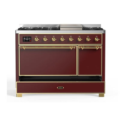 ILVE Majestic II 48 inch Solid Door Natural Gas Dual Fuel Range Brass Burgundy