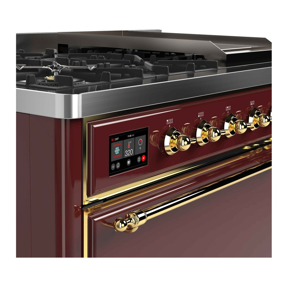 ILVE Majestic II 48 inch Solid Door Natural Gas Dual Fuel Range Brass Burgundy