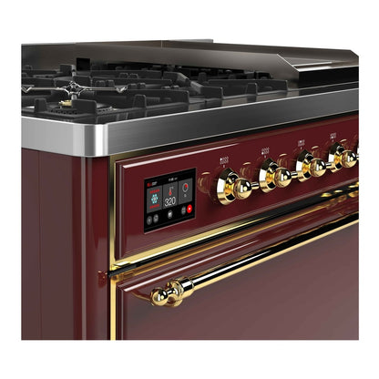 ILVE Majestic II 48 inch Solid Door Natural Gas Dual Fuel Range Brass Burgundy